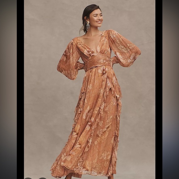 BHLDN Dresses & Skirts - BHLDN V-Neck Long Sleeve Printed Chiffon Gown